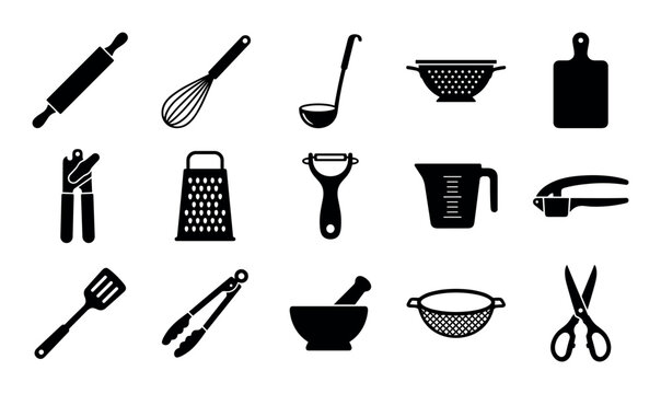 kitchen and cooking design icons with rolling pin, whisk and colander for recipe app design in solid glyph style