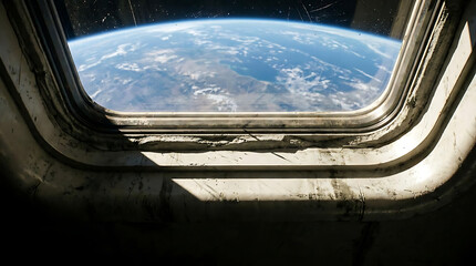 Naklejka premium A breathtaking view of our planet as seen from the window of a spacecraft showcasing the stunning beauty of earth from the vastness of outer space