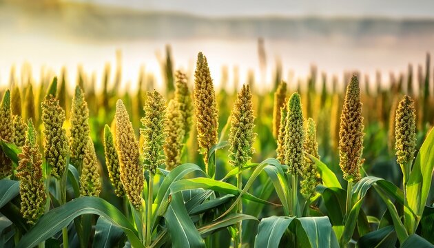 emerald green millet plants sway in the breeze their seed heads bursting with golden kernels grasses sorghum