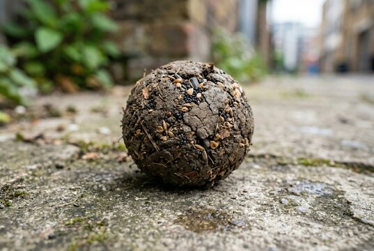 Close up of a clay and soil seed bomb for guerrilla gardening on pavement