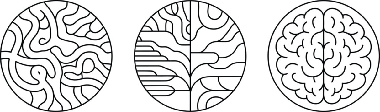 Brain waves neuron connections circle icon set mental health mind process artificial intelligence logic concept line vector illustration art.