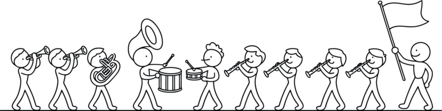 Marching band parade vector illustration stick figures playing musical instruments trumpet drum tuba flute flag bearer line art stock.