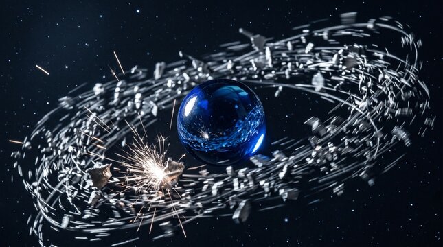 Basura espacial orbitando esfera de cristal conceptual