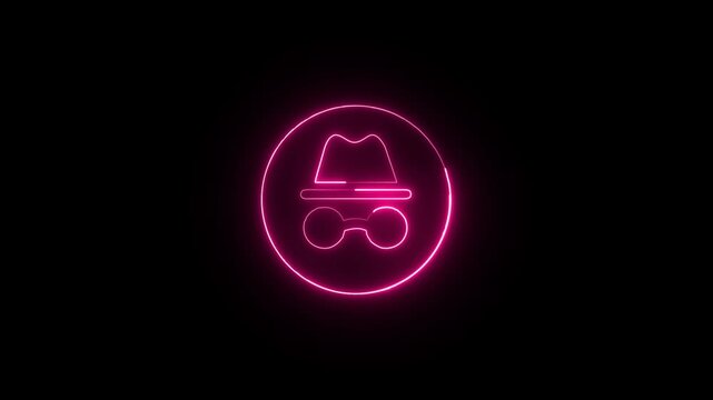 neon incognito icon isolated on black background. Incognito mode icon animation. Private mode incognito mode animation. 4k video animation