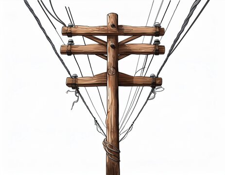 old wooden utility pole with power lines vintage wooden electric pole isolated on white background cutout png