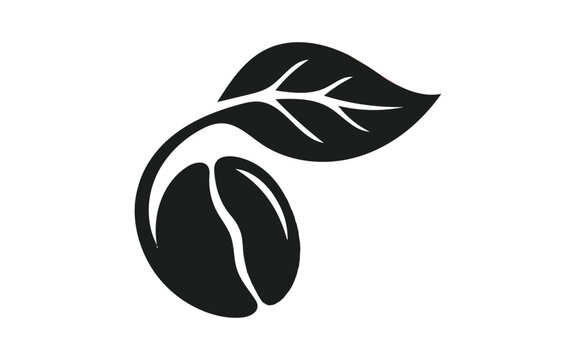 Minimalist black coffee bean icon with a single leaf isolated on a clean white background