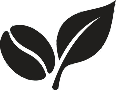 Minimalist black icon featuring a coffee bean and a green leaf representing organic coffee production concepts