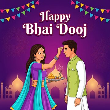 Illustration of a sister applying tilak on her brothers forehead for bhai dooj