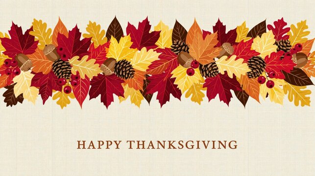 Rustic Happy Thanksgiving Card Featuring Hand Drawn Autumn Foliage Border with Acorns Pinecones and Berries on Textured Vintage Paper Background