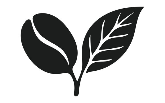 Minimalist black silhouette icon of a coffee bean paired with a green coffee plant leaf design