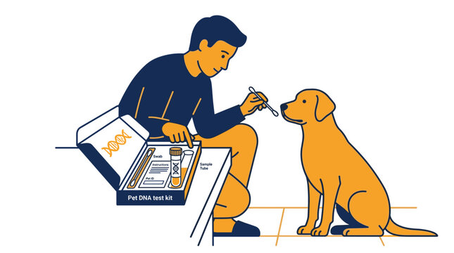 Man Using Home Pet DNA Test Kit On Dog Illustration