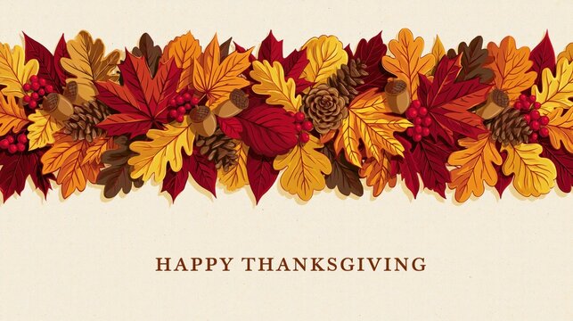 Rustic Happy Thanksgiving Card Featuring Hand Drawn Autumn Foliage Border with Acorns Pinecones and Berries on Textured Vintage Paper Background