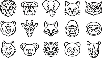 Fototapeta premium Animal face icons grid linear style on a white background