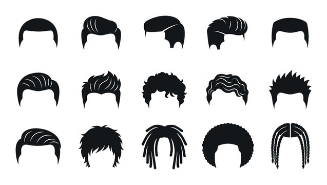 Hair styles and grooming vector icons with short hair, curly hair and braided hair for web design in minimal glyph style