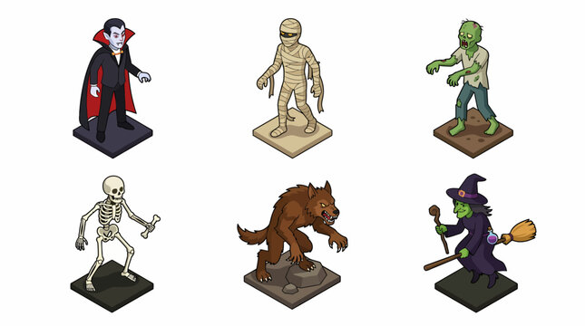 Collection of Halloween monsters and characters in isometric view.