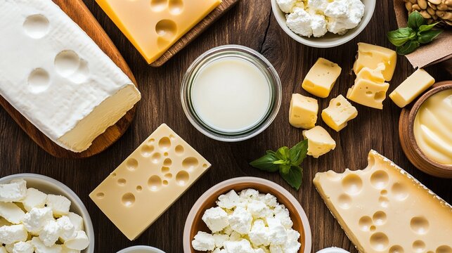 artistically. An artistic arrangement of dairy products from above with soft lighting. menu design, packaging mockups, designed for culinary blogs and recipe cards for restaurants.