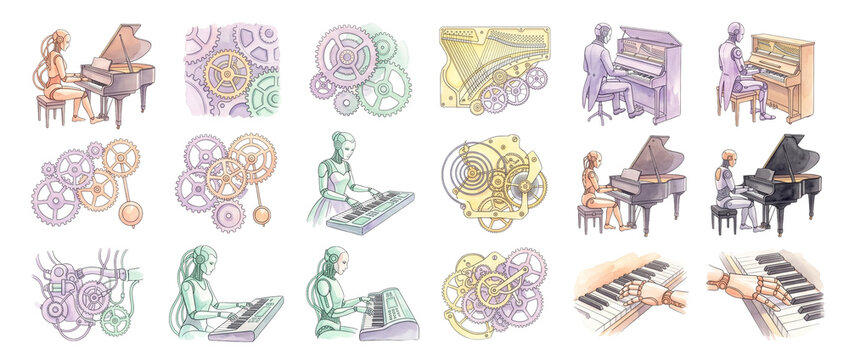 Robot playing piano watercolor icon set featuring cyborg pianist, musical gear mechanism, futuristic android musician, clockwork cog illustration, artificial intelligence musical creativity concept.
