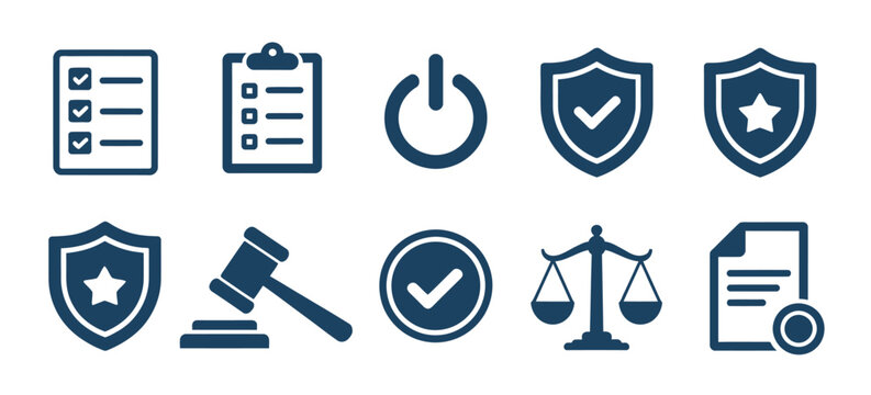 Law icon set, justice, legal protection, shield, and checkmark symbols for compliance, security, governance, and regulatory design.