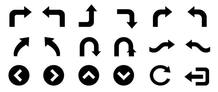 Collection of black arrow icons in various directions and styles.