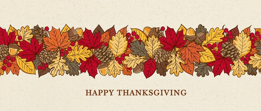 Rustic Happy Thanksgiving Card Featuring Hand Drawn Autumn Foliage Border with Acorns Pinecones and Berries on Textured Vintage Paper Background