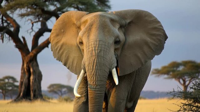 Elephant in the savanna with trees during sunset