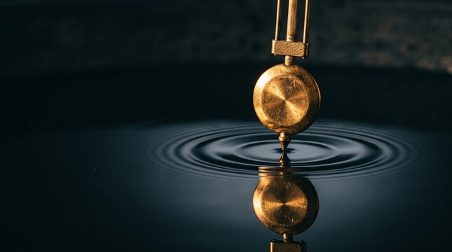 Brass Clock Pendulum Swinging Above Perfectly Still Dark Water Surface Tip Touching Single Ripple Ring Macro Time Stillness