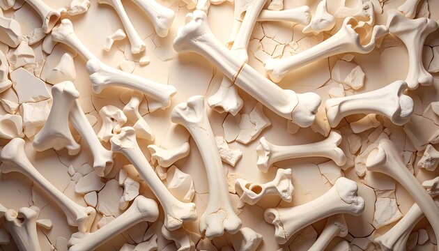 Pile of Animal Bones Scattered on a Light Background Creating an Abstract Pattern.