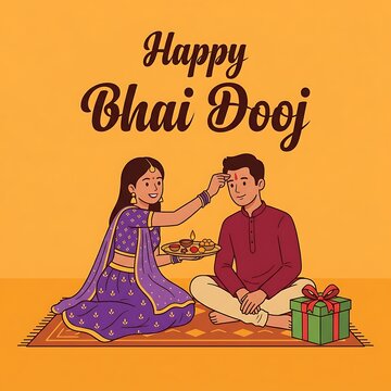 Illustration of a sister applying tilak on her brothers forehead for bhai dooj