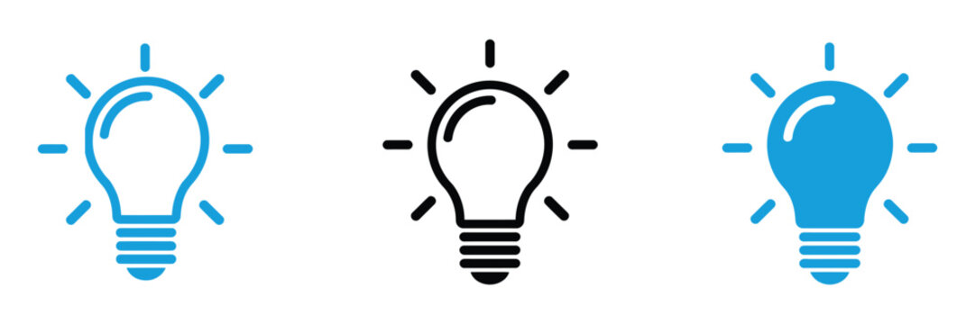 Light bulb icon set, editable stroke outline and solid symbols for ideas, innovation, energy, creativity, business, and technology design.