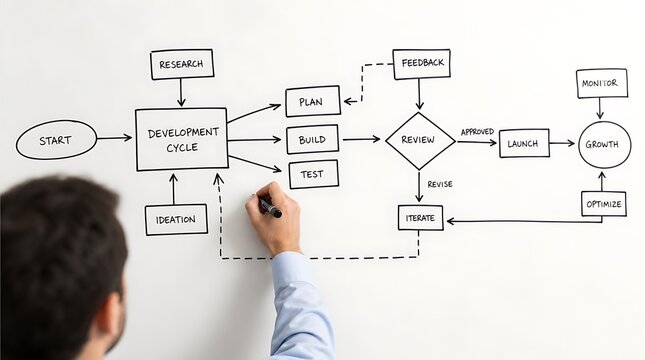 Businessman drawing product development cycle flowchart diagram on whiteboard, conveying business strategy planning, process optimization, workflow design, and agile project management