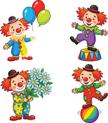 Naklejka premium Cute Cartoon Circus Clown Vector Character Set Performing Tricks with Balloons, Balancing on Ball, and Holding Flowers for Kids Birthday Party Graphic Designs
