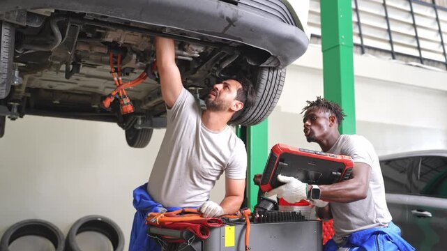 Two skilled mechanics working together to fix a car in a well equipped automotive workshop surrounded by tools and machinery