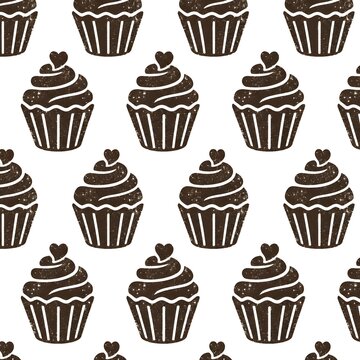 Seamless pattern with chocolate cupcakes. Repeating background of sweet dessert silhouettes.