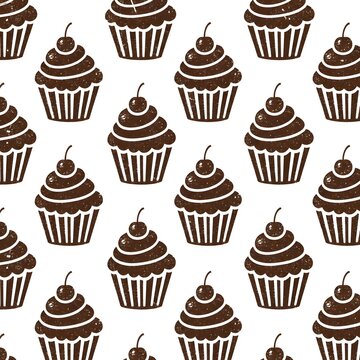 Seamless cupcake pattern. Repeating background with chocolate muffins and cherries.