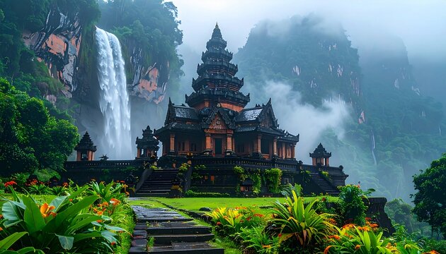 Ancient temple complex built into a towering tropical cliff, surrounded by lush greenery and a giant waterfall glowing through white mist and sunlight.