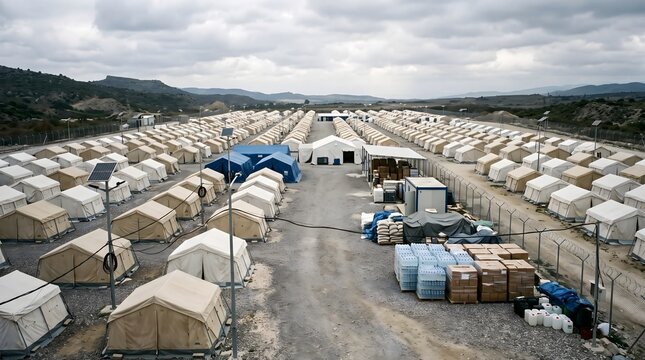Empty migrant reception center. Refugee camp with rows of tents for displaced people.