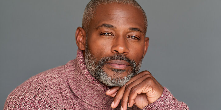 Portrait of a mature Black man with a graying beard wearing a cozy textured sweater on gray background