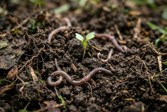 Close up of earthworms crawling in dark compost soil near small seedling
