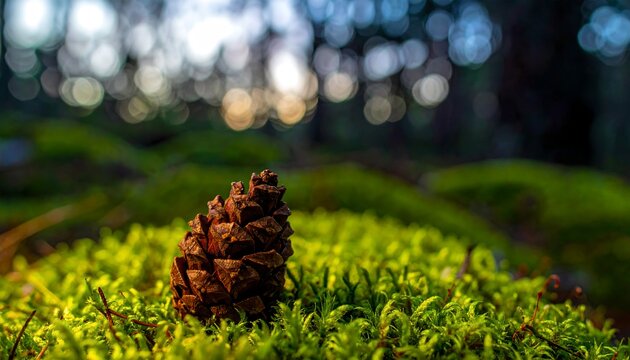 Pine Cone Resting Vibrant Forest Moss Soft Light
