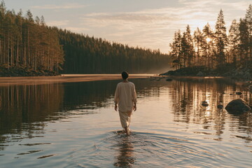 Obraz premium Peaceful figure standing in a calm lake at sunset with forest beyond, creating a serene landscape of reflection, solitude and connection with nature.