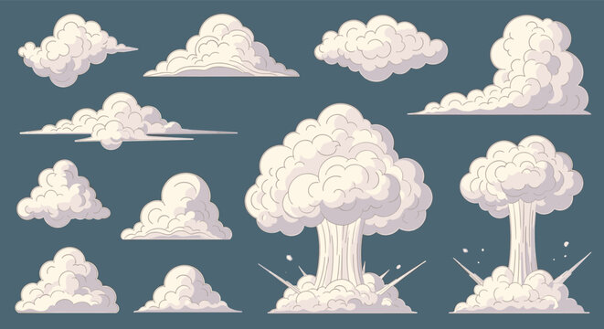 Set of cartoon style clouds and dramatic explosion mushroom clouds on a dark slate blue background.