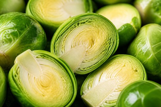 Brussels sprouts halved revealing layered interior in closeup