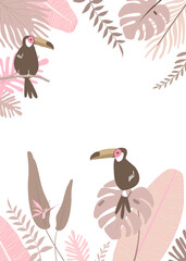 Obraz premium Pastel botanical png frame with tropical leaves and toucan birds, transparent background