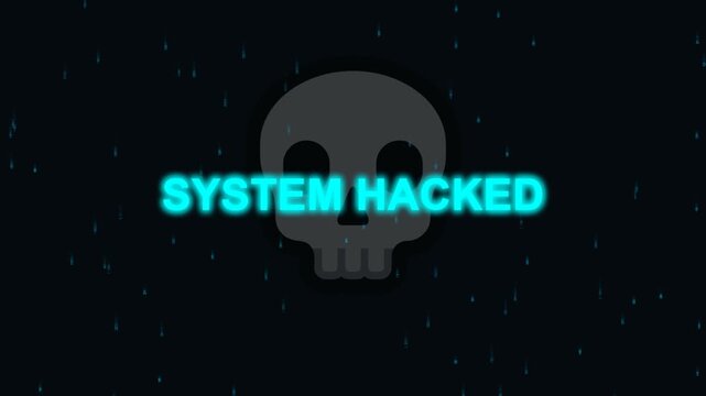 System hacked warning message with a skull icon on a dark digital background representing a cyberattack.