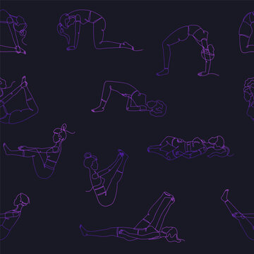 Seamless pattern with single line drawings of yoga poses