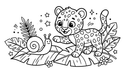 8. Adorable cheetah cub and snail outline vector illustration in nature setting for children coloring book © Prosanto
