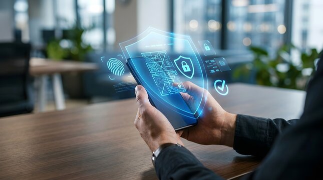 Business professional using smartphone with biometric authentication and cybersecurity protection