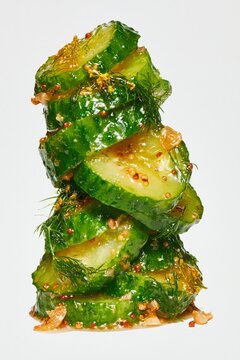 Vertical Tower of Ukrainian Pickled Cucumber Wedges with Fresh Dill Editorial Food Photograph