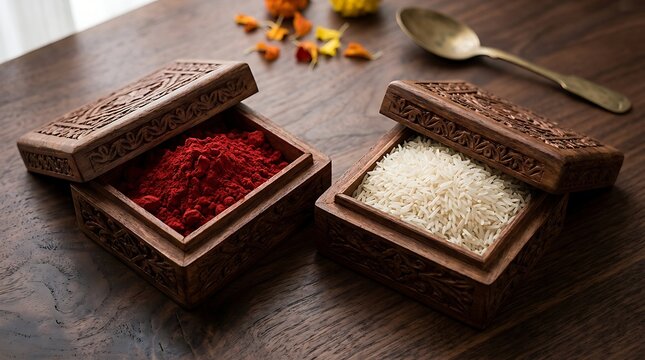 Traditional indian kumkum and rice in carved wooden boxes for rituals