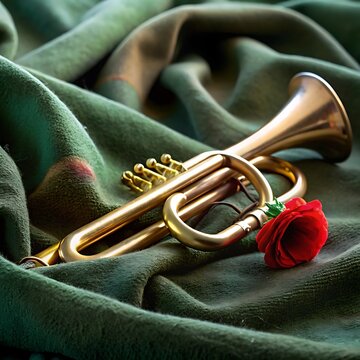 Golden brass trumpet resting on a soft green fabric background with a single red rose flower accessory
